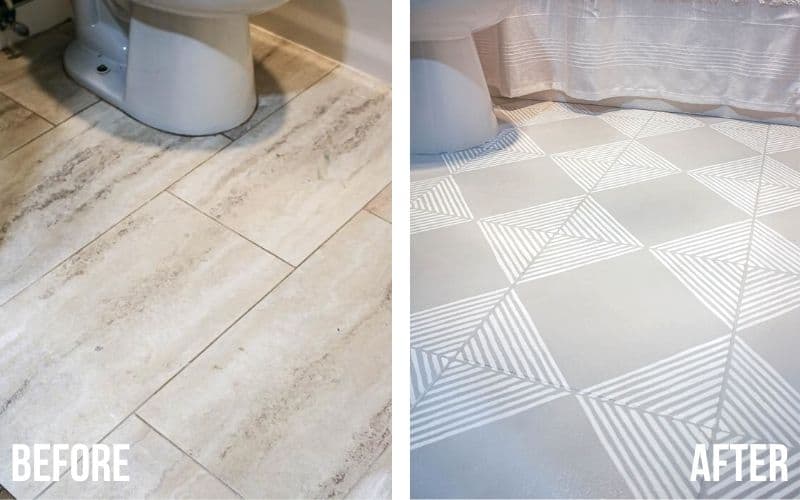 Before and after pictures from our Buget Bathroom Makeover - the picture on the left shows outdated tan and brown floor tiles. The picture on the right shows grey painted floor tiles with a white geometric line pattern stenciled over.