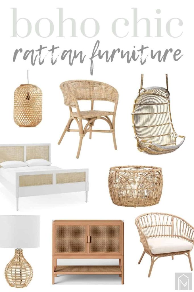 shows a variety of wicker furniture  with overlay text that says boho chic rattan furniture 