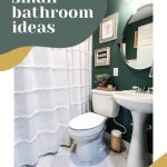shows a dark teal bathroom with white toilet, shower curtain, and sink with gray with white stripes tile floor with overlay text that says boho chic small bathroom ideas