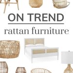 shows a variety of rattan furniture with overlay text that says on trend, rattan furniture