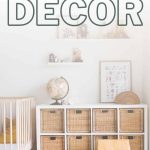 shows a boho baby's room with a wicker basket drawer with a cribe and toys with a white wall background with overlay text that says rattan decor