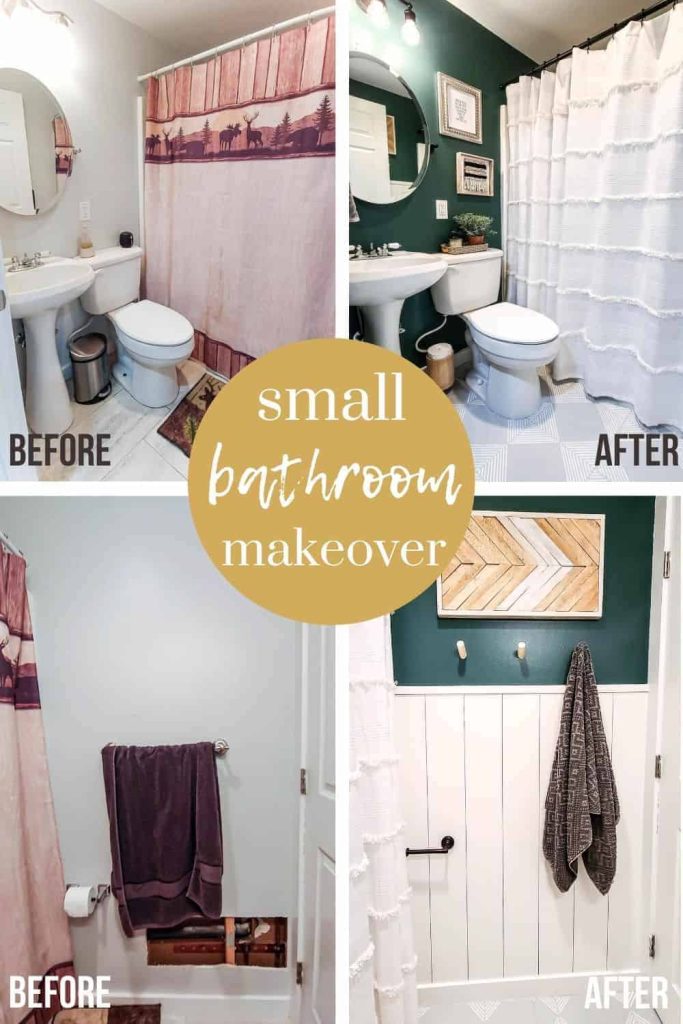 Before and after pictures of our Budget Bathroom Makeover - four images show the changes made to our small guest bathroom, including new painted tile floors, painted walls, and new decor.