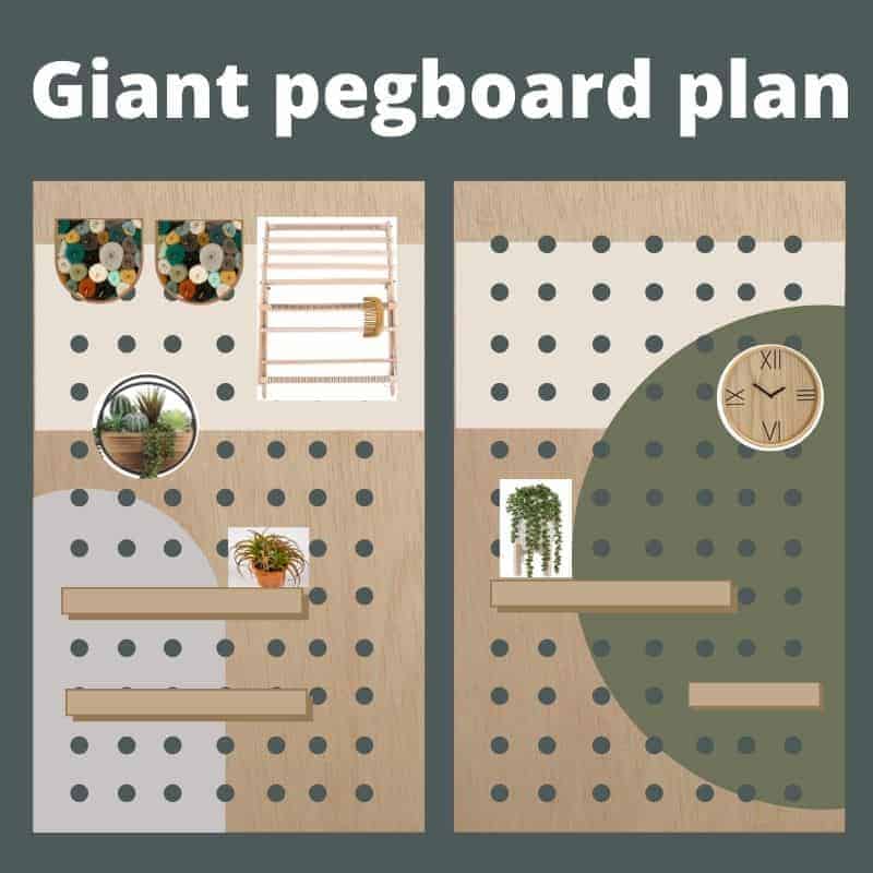 shows the woodworking plans for a giant wood pegboard for craft supplies with abstract painted shapes with text overlay that says giant pegboard wall