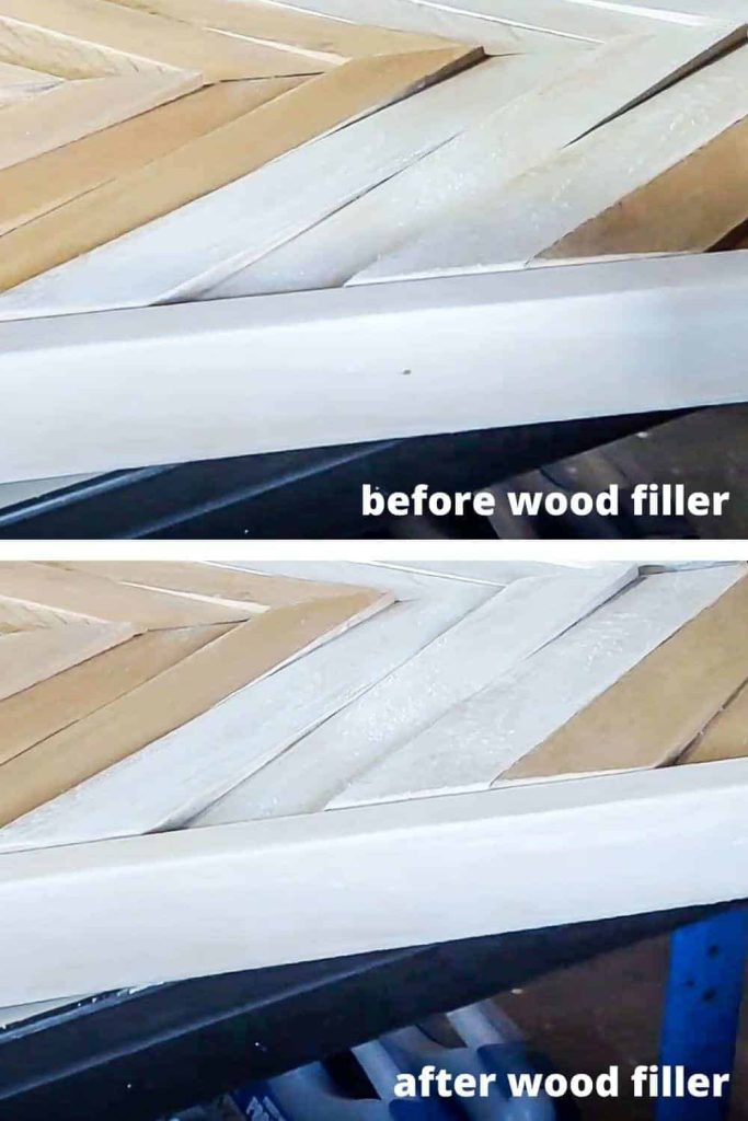shows a before and after photo of the edge of the frame on DIY wood wall art with and with out wood filler
