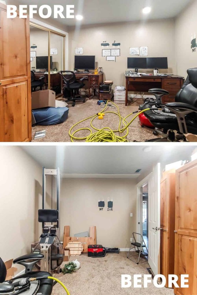 shows before photos of the home office space full of furniture and clutter tool and tan tones