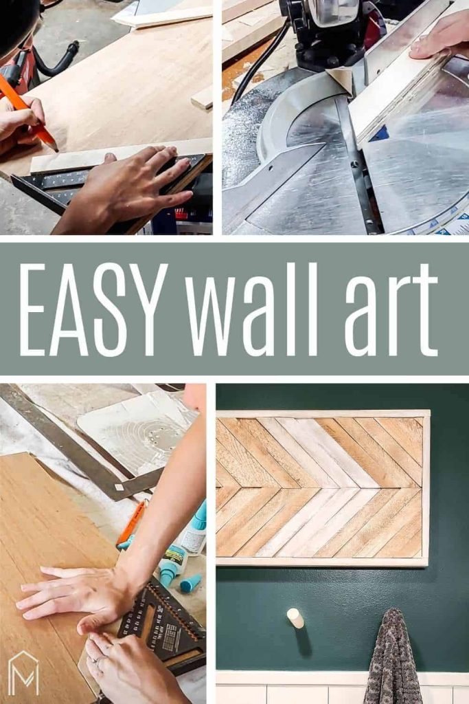 shows various stages of the DIY wood wall art project with overlay text that says easy wall art