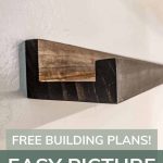 shows an up close picture of a dark stained wood ledge picture shelf in a wall with overlay text that says free building plans! easy picture ledge shelves