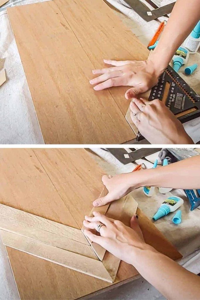 shows a pair of hand slaying down the small diagonal pieces of wood on a larger plywood piece 