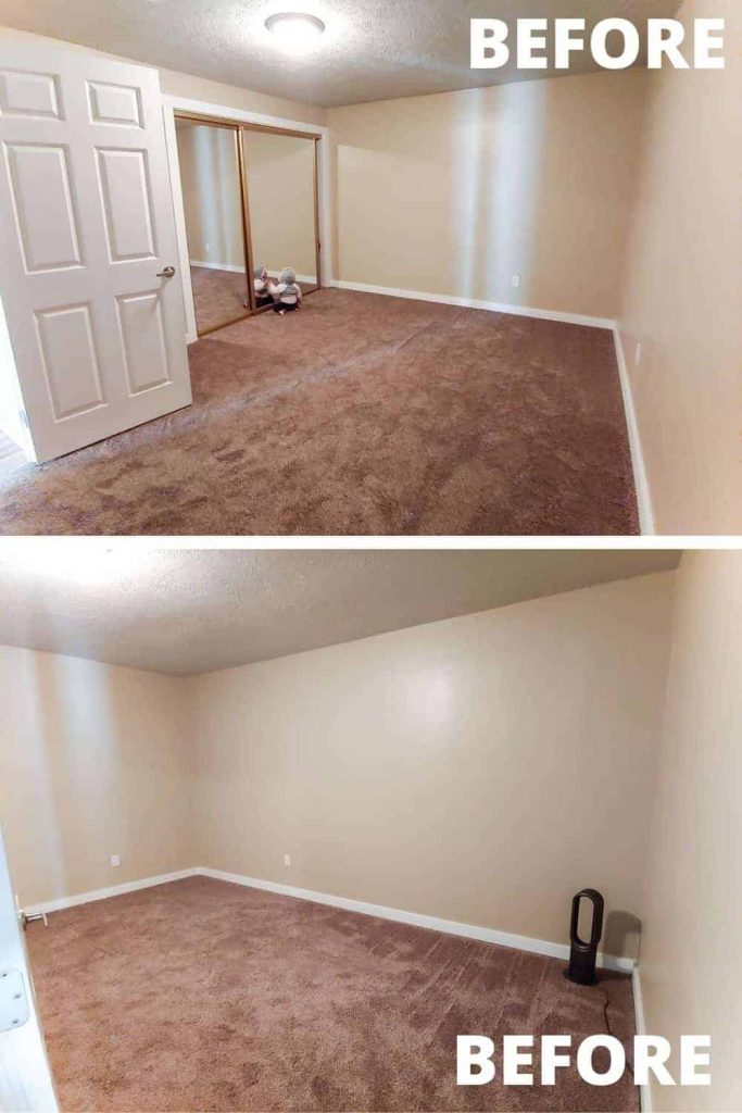 shows two before pictures of the office space with brown carpet and tan walls empty and ready for a transformation