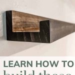 shows an up close picture of a dark stained wood ledge picture shelf in a wall with overlay text that says learn how to build these ledge shelves