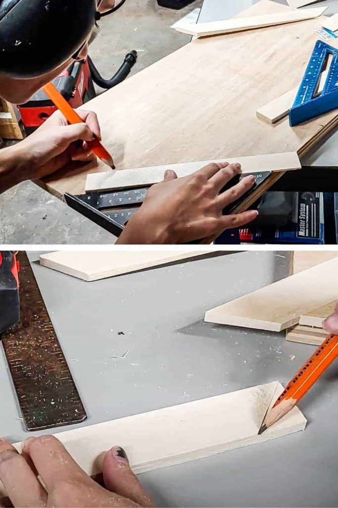 shows a pair of hands measuring out the plywood and the bottom picture is measuring out wood shim angled cut
