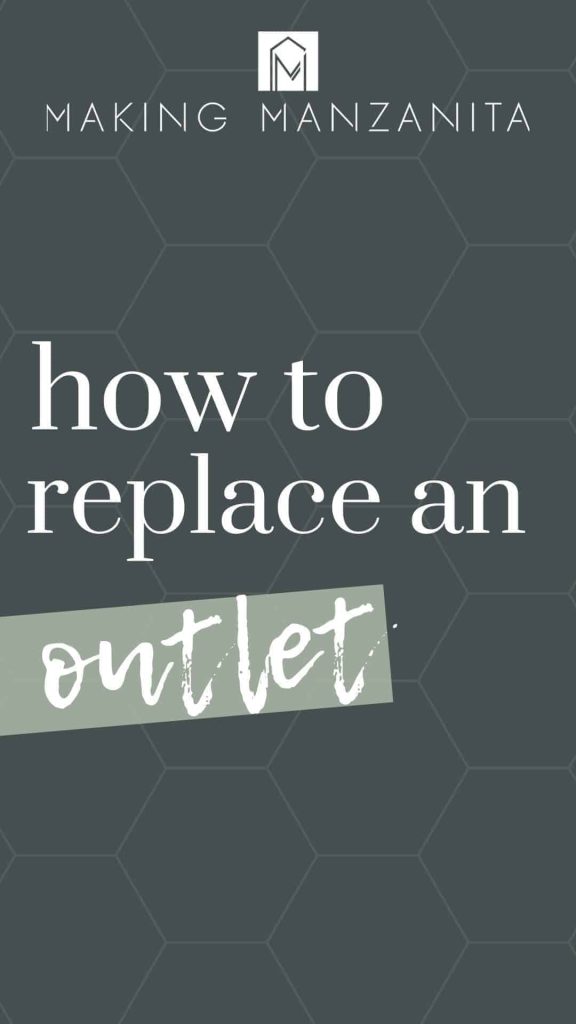 An image shows a gray background with a faint white hexagon pattern in the background. White text across the image says "how to replace an outlet" and "making manzanita"