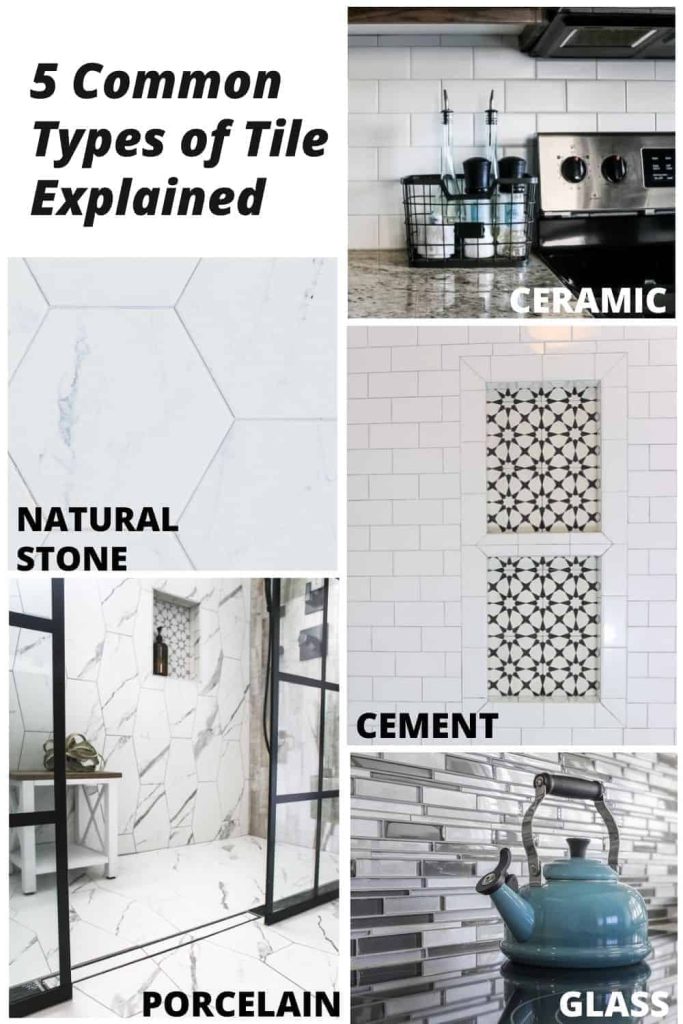 A collage of images showing different ways to use 5 common types of tile - natural stone tile, natural stone tile, porcelain tile, glass tile, and ceramic tile.