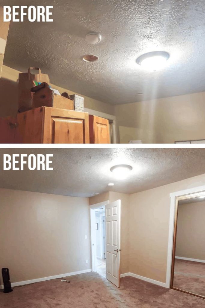 Pictures of our home office popcorn-textured ceiling before we installed shiplap