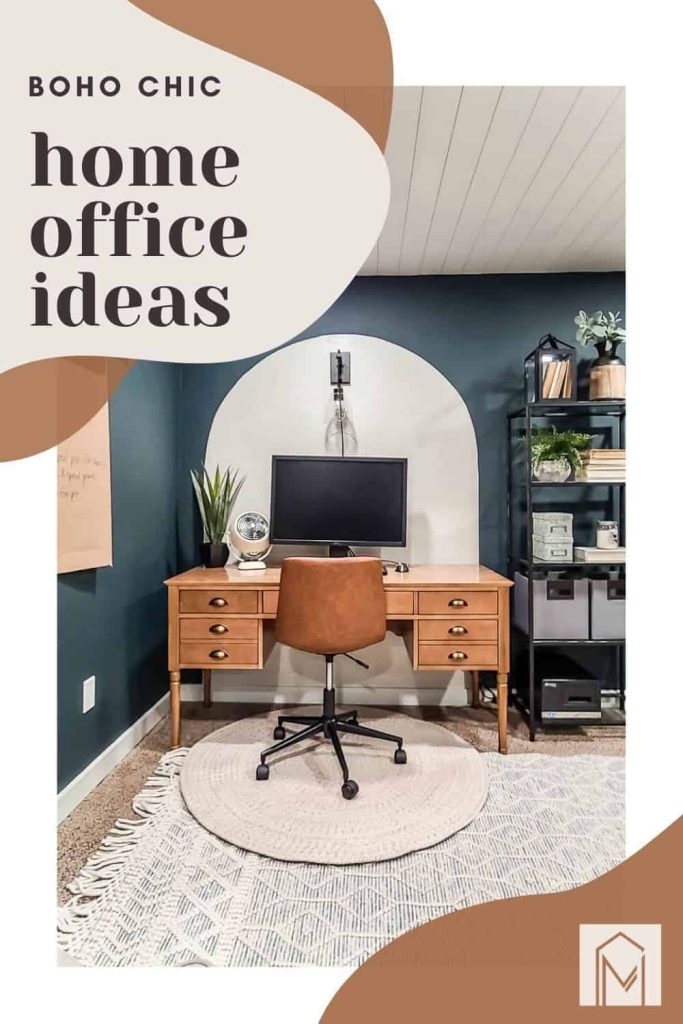 shows a white arch on wall with a dark green blue wall with a wooden desk and leather offie chair with white textured layered rugs with overlay text that says boho chic home office ideas