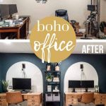 shows two before and after photos of a home office makeover from a dark tan room to a space with two white arches with a dark teal wall with a wood desks and leather chairs with white rugs with overlay text that says boho office