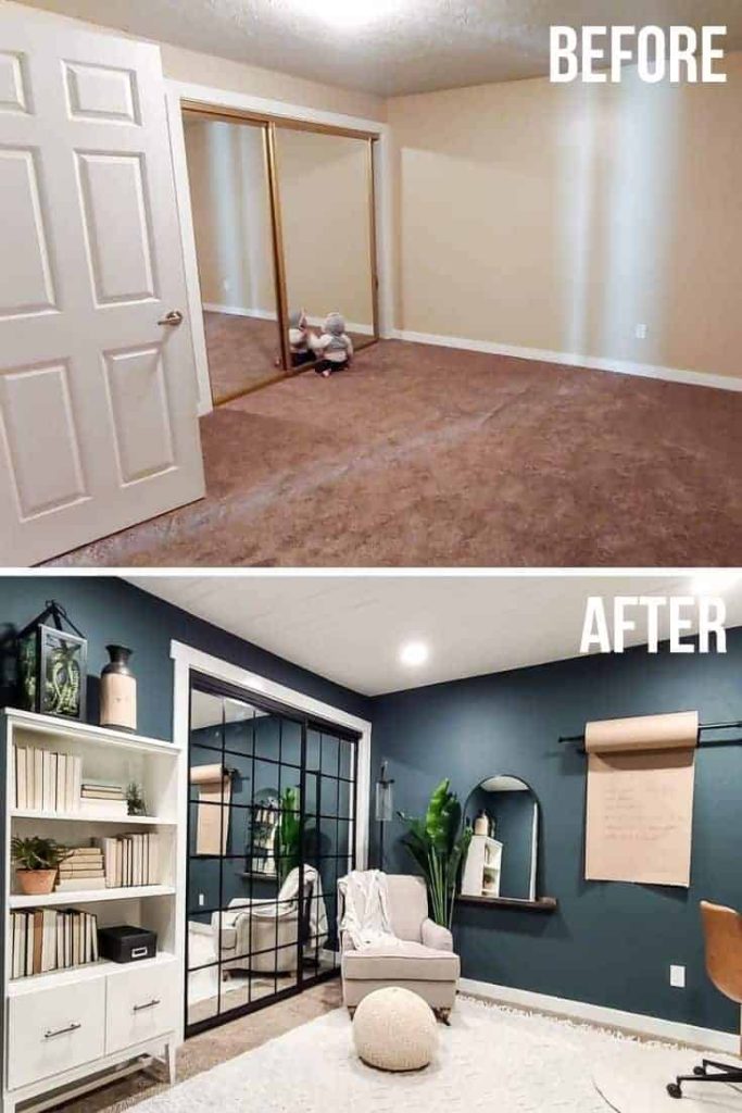 shows a before and after photo of a brown office room to a dark teal and white room with wood desks and white book shelves and boho rug