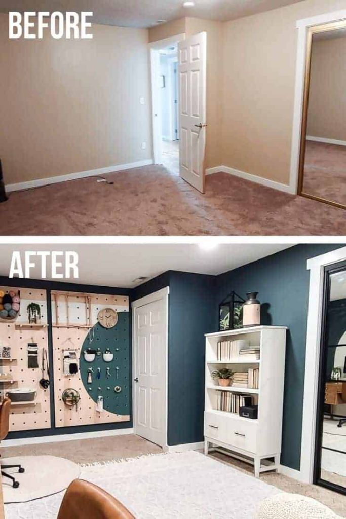 before photo on top the home office makeover and after picture below shows dark green wall paint, pegboard storage wall, white door, white bookcase and light colored boho textured area rug 