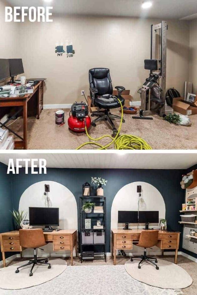 shows two before and after photos of a home office space from a dark brown room to a space with two  desks with a painted white backdrops, green painted walls with a wood desks and leather chairs with wall sconce lighting above desk with white rugs with metal shelving unit in between desks for storage 