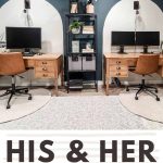 shows his and hers wooden desks in wall painted with Midnight in NY Behr Paint color with white color block shapes behind furniture and white rugs with overlay text that says his and her home office space