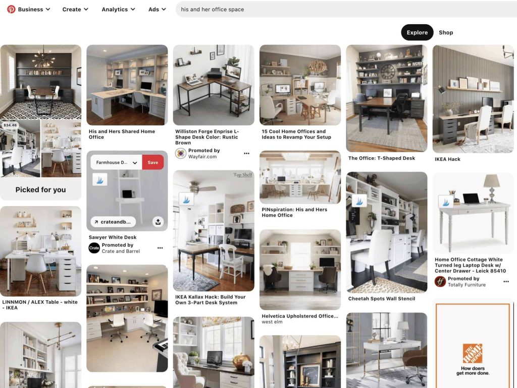 Want to create a custom interior design mood board? Start with a simple Pinterest search - like this search for "his and hers office space".