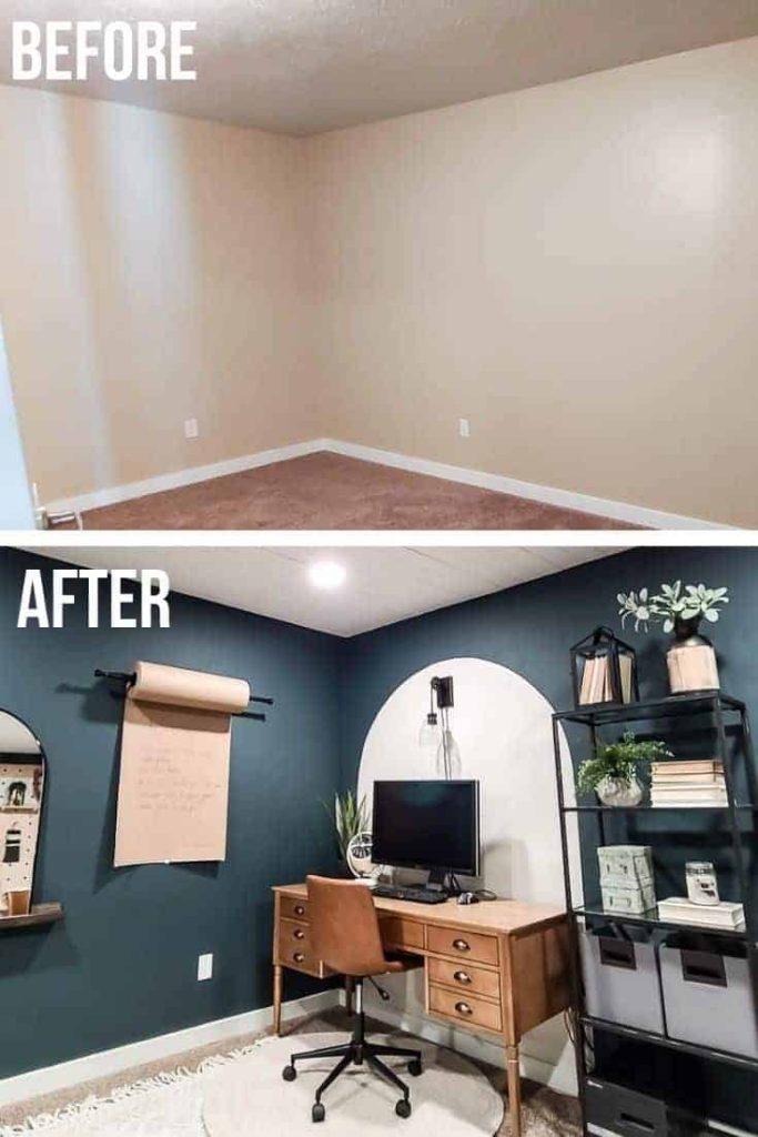 shows two before and after photos of a home office space from a dark brown room with no windows to a white arch painted on wall with a dark blue green wall paint with a wood desk and leather chair with white rug