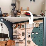 shows a before and after photo of a cluttered tan office that is transformed into a modern boho office room with giant plywood pegboards with overlay text that says office makeover before and after