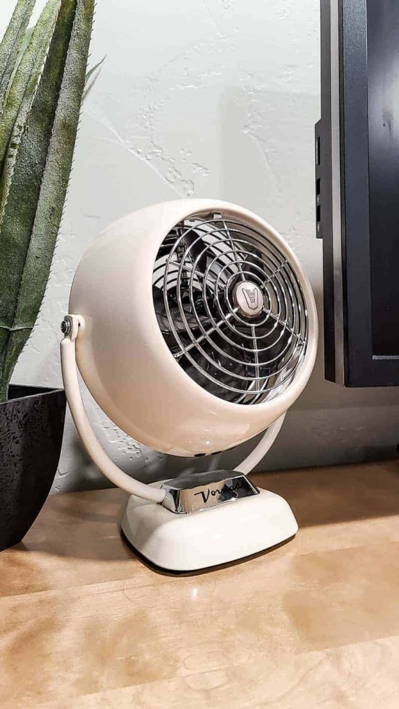 up close picture of a vintage inspired cream desk fan on a table next to a plant