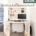 wood crate desk with a computer on it and a wood wall behind it with overlay text that says wood crate desk perfect for home school