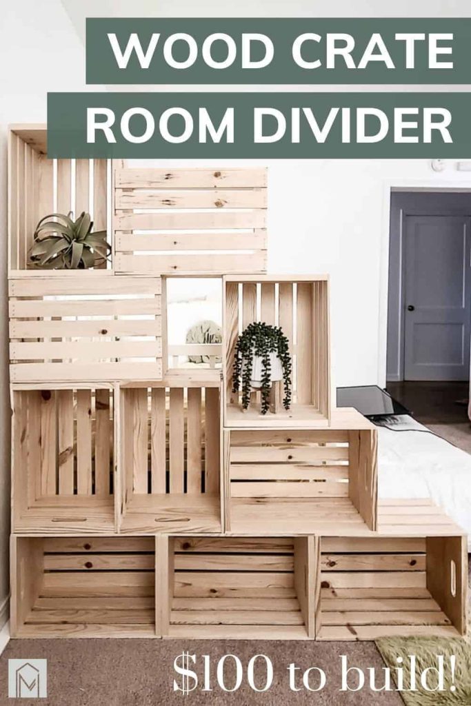 shows 10 crates stacked on each other with overlay text that says wood crate room divider