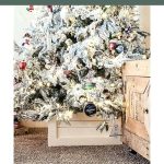 shows the Christmas tree and wooden box with overlay text that says DIY wooden Christmas tree stand