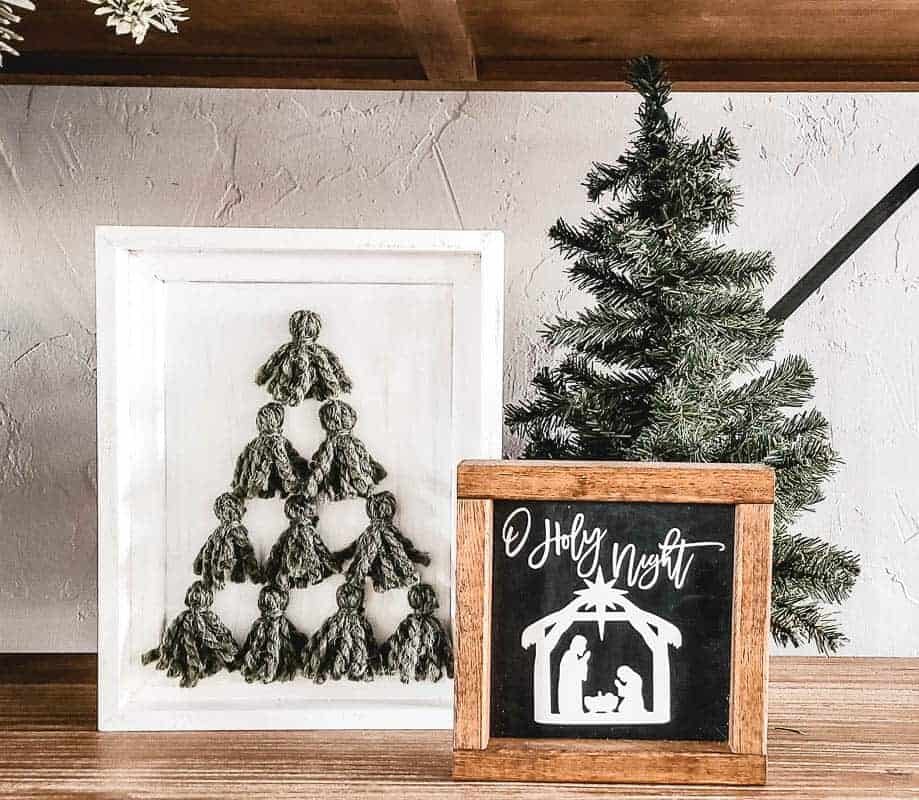 Christmas tree tassel art with small Christmas tree and O Holy Night frame