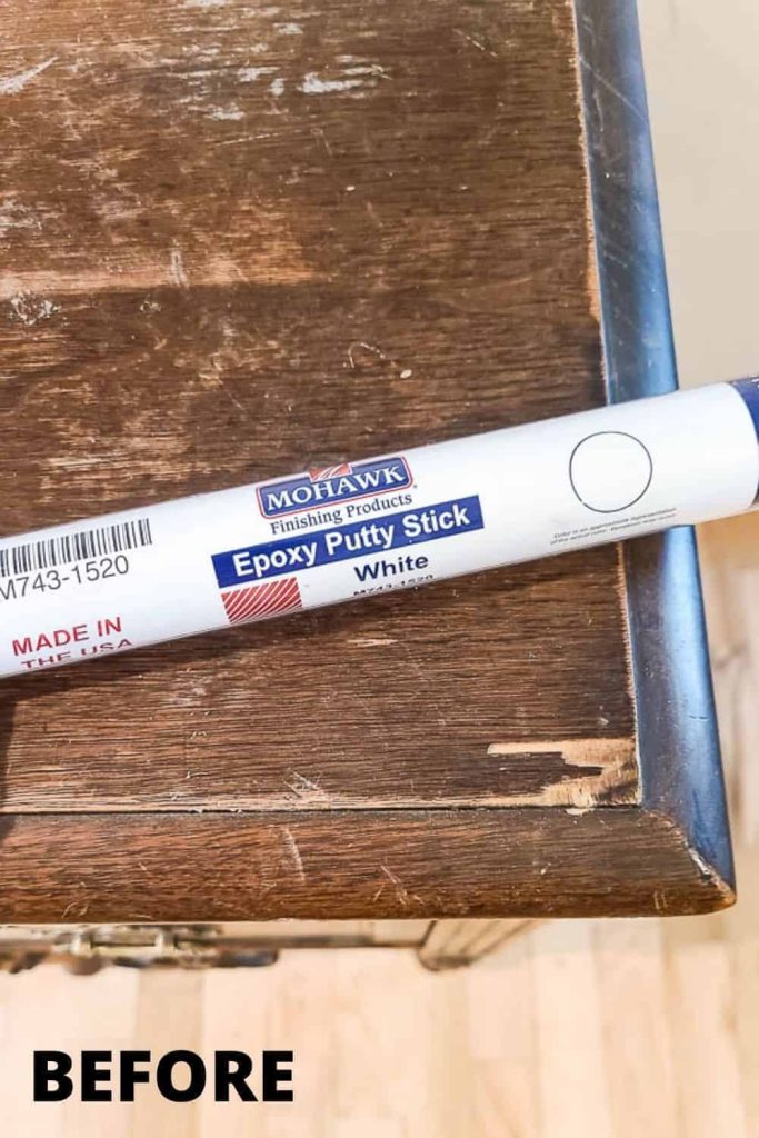 The Mohawk Epoxy putty stick is the perfect tool for repairing damaged wood furniture.