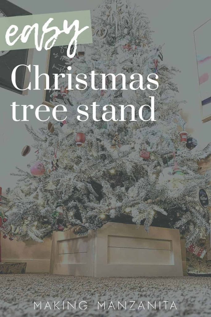 shows a Christmas tree with a shiplap box stand with overlay text that says easy Christmas tree stand