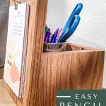side view of the desk calendar with pencil holder with overlay text that says easy pencil holder with free plans!