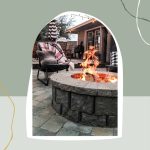 shows a paver fire pit with deck in background with overlay text that says learn how to DIY it! Fire pit with pavers