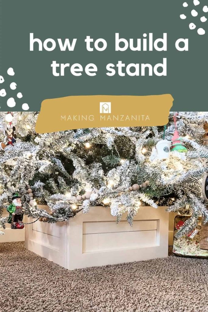 shows the wooden box and Christmas tree with overlay text that says how to build a tree stand