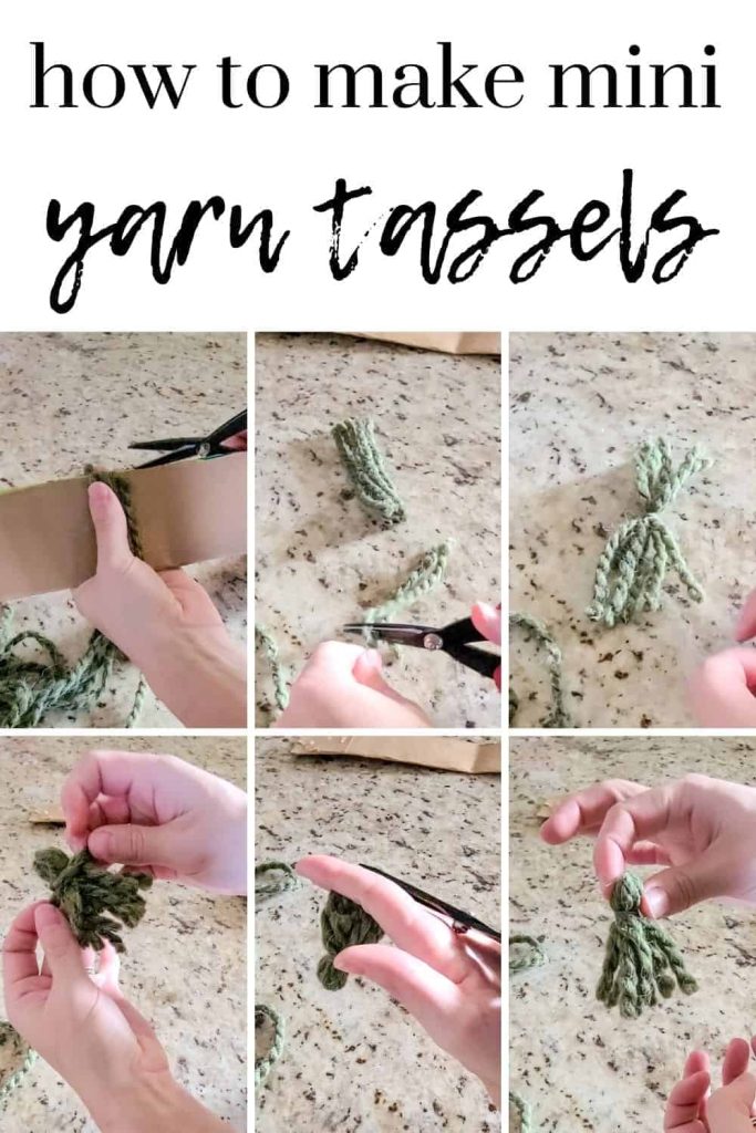 Collage showing the steps of making little yarn tassels with text overlay that says how to make mini yarn tassels