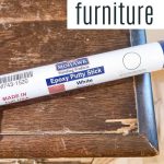shows Mohawk's epoxy putty stick on a wood desk with overlay text that says how to repair wood furniture