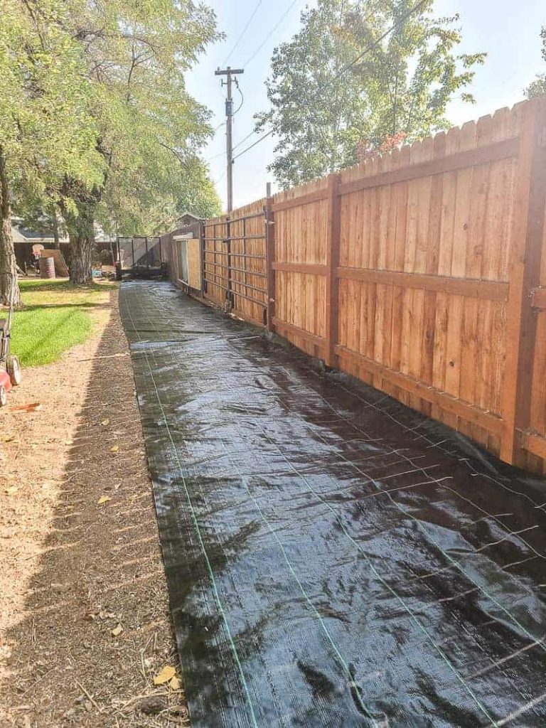 Landscape fabric laid out along edge of fence in backyard before putting down gravel