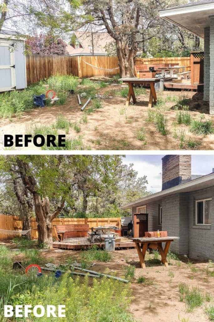 shows a before pictures of the backyard before renovating with mess and trash