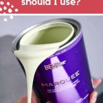 Quart of light green color Back to Nature from Behr Paint being poured out of the can with text overlay that says what paint sheen should I use?