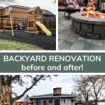 shows some of the after photos of the backyard renovation with overlay text that says backyard renovation before and after