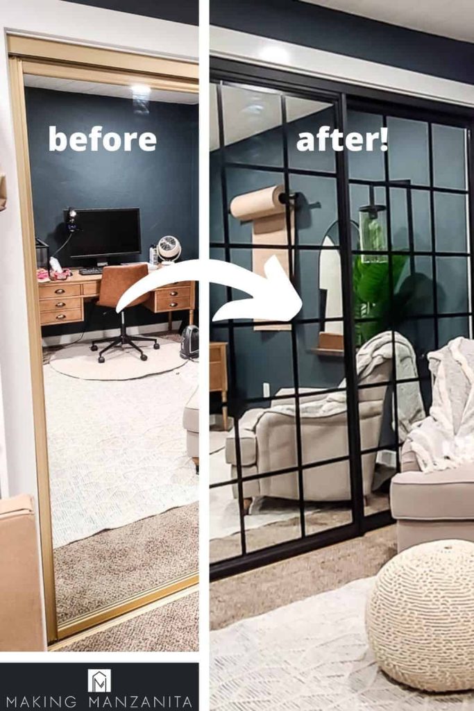 shows a before and after picture of the mirror in the office