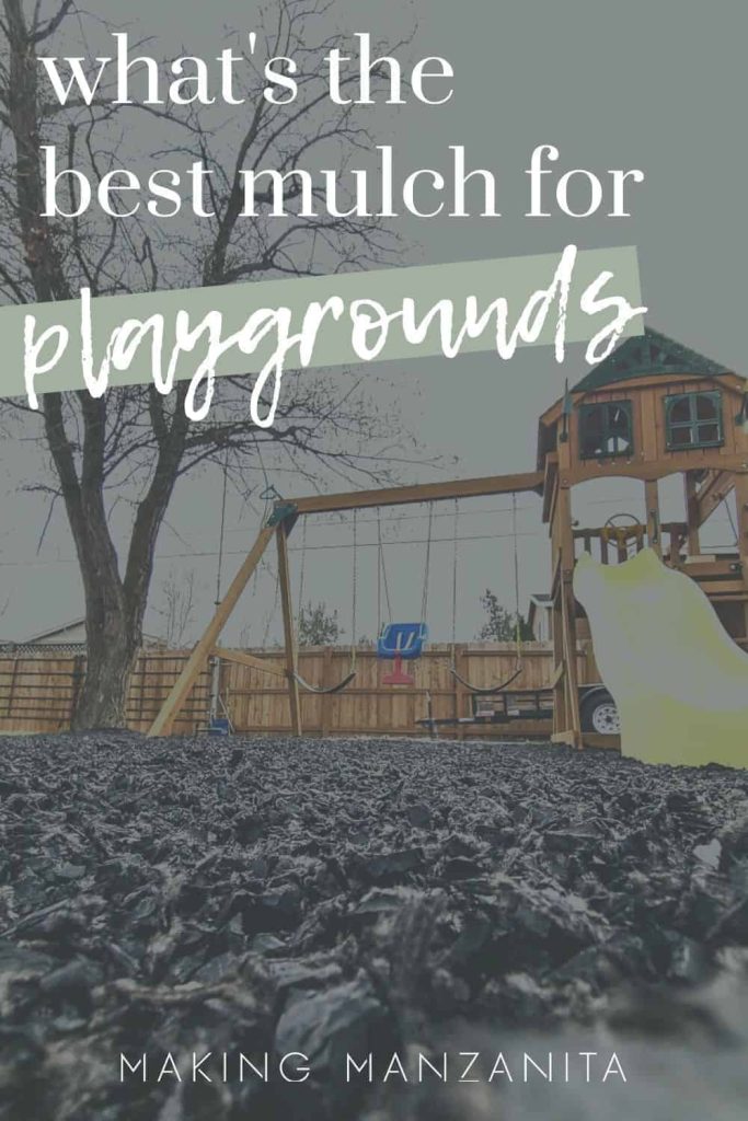 Playground with black rubber mulch on ground with dark overly and text that says what's the best mulch for playgrounds