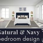 Modern coastal bedroom design with blue white gray and tan color schedule with furniture and decor rendering and text overlay that says natural navy bedroom design