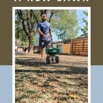 Man spreading new grass seed over soil in backyard with a rotary spreader with text overlay that says how to seed a new lawn