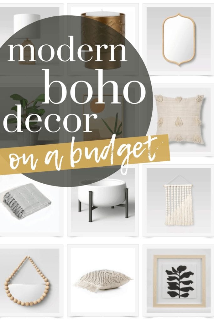 A collage of pieces of modern boho style home decor, including mirrors, accent pillows, wall art and more. Text across the image says "modern boho decor on a budget"