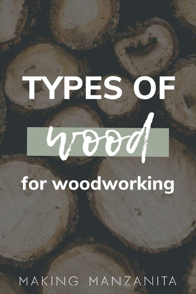 Wood stacked up with dark overlay over photo with text overlay that says types of wood for woodworking