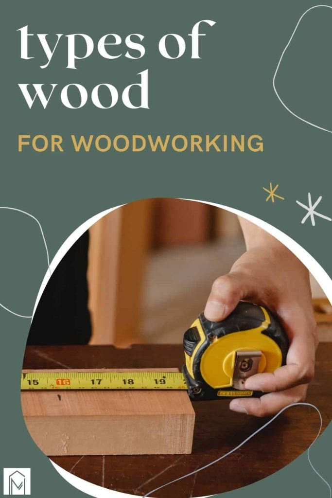 Tape measure on 2x4 with boho abstract graphics around photo with text overlay that says types of wood for woodworking